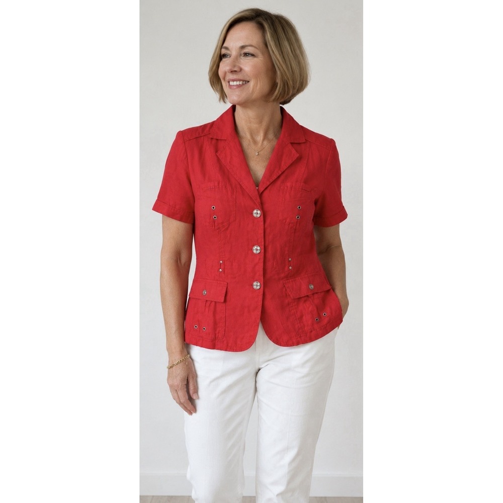 Bonita 100% Linen‎ Blazer Short Sleeve Utility Jacket  EU 44 US 12 Retro Safari